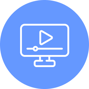 A picture showing a video pause icon on a screen, placed above a blue circle.