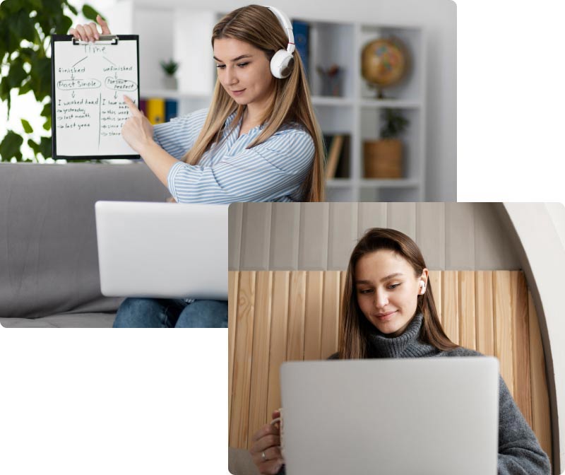 A girl is showing a presentation on a mini whiteboard to a client, and another girl is working on a laptop.
